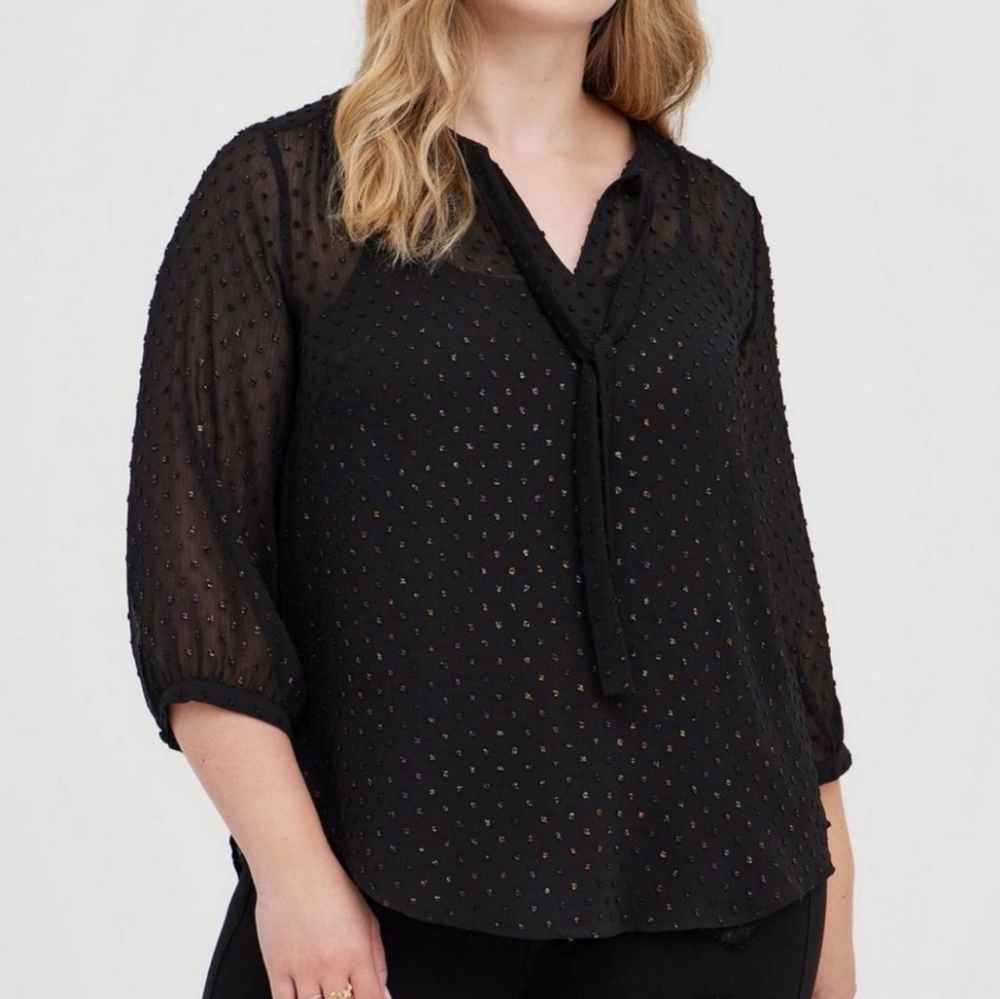 Torrid Georgette Clip‎ Dot Peasant Blouse Metallic Black Sheer  Sz 2  2X  18/20